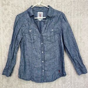 Cole Haan Linen Pinch Denim Lobster Button Down Shirt Sz S Prep Preppy Nautical